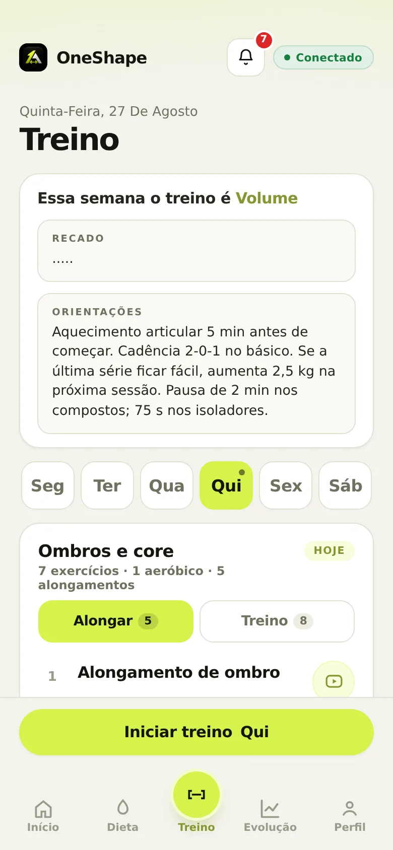 Treino do aluno no celular