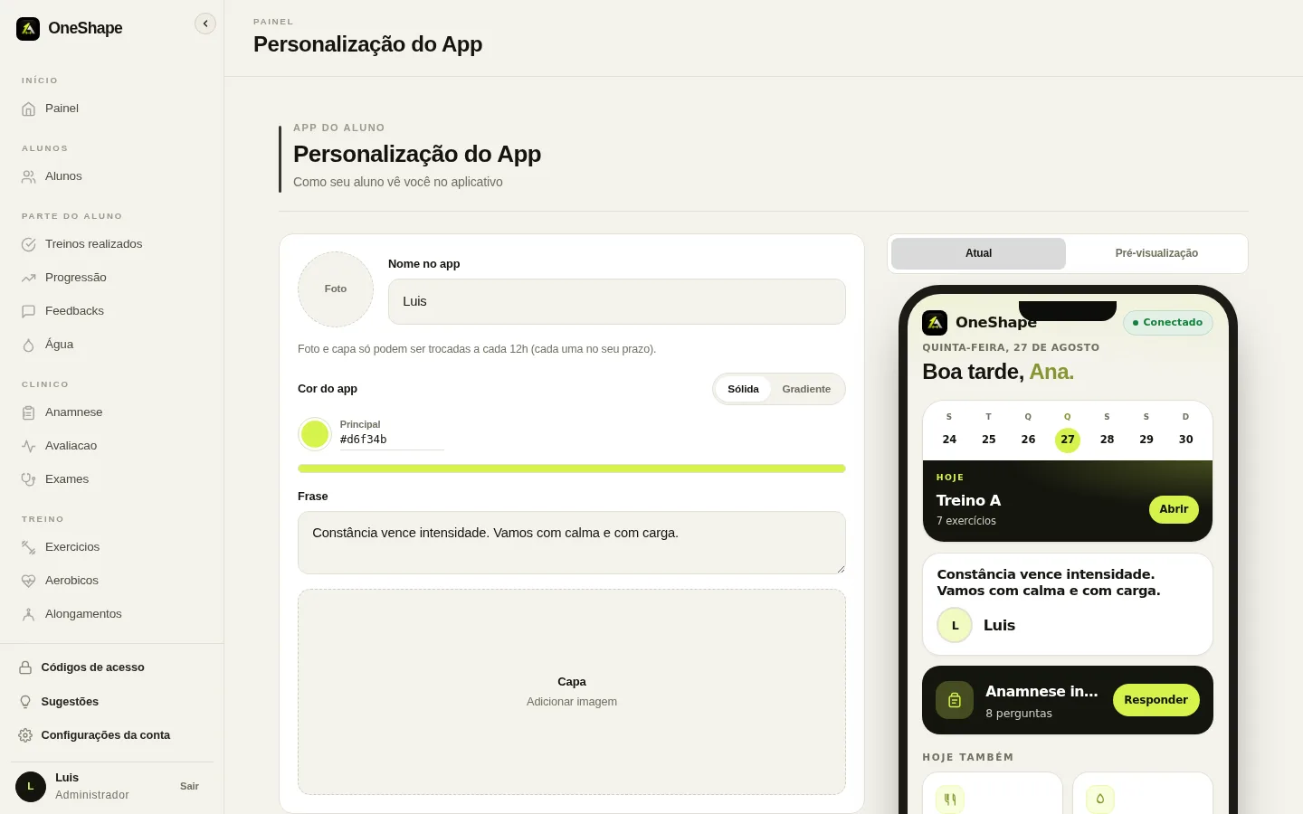 Personalização do app OneShape Teste
